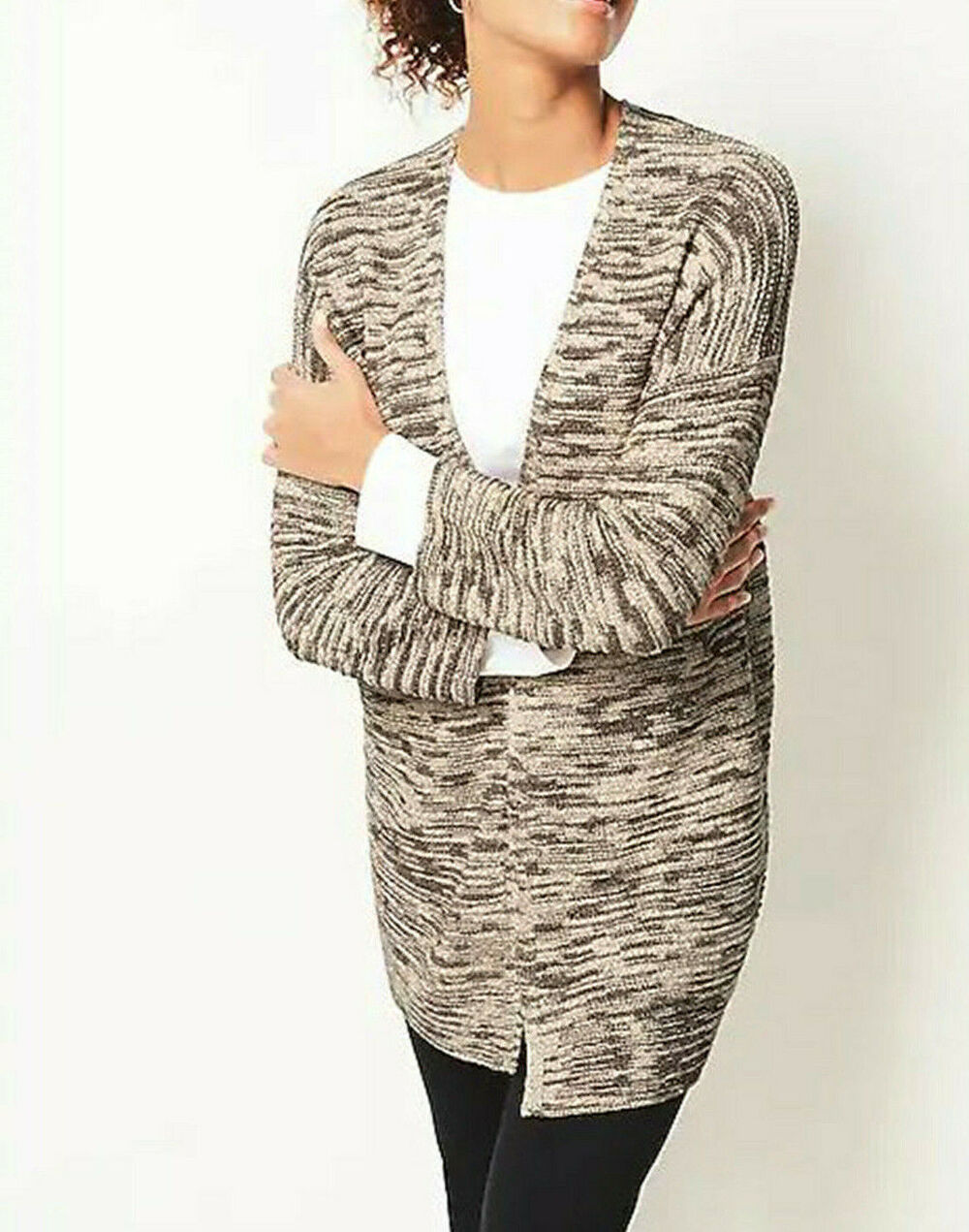 J Jill Purejill Mixed Stitch Marled Open Front Cardigan Sweater Cream Medium